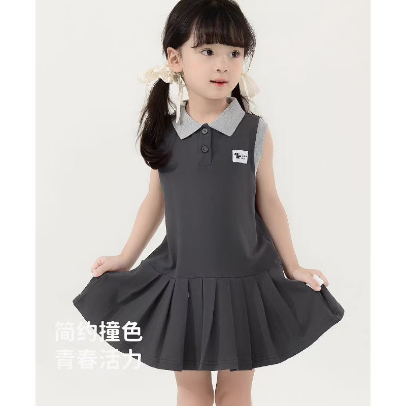 2025 Summer New Korean Style Girl's Lapel Sleeveless Pleated dress Girl's Cute Pretty Trendy Skirt
