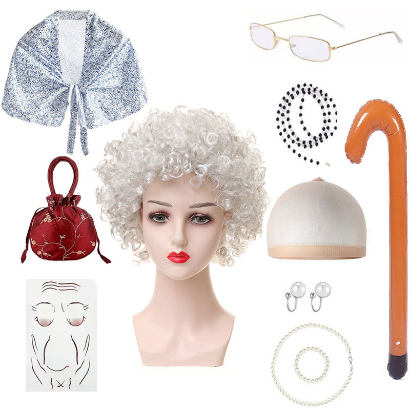 Amazon nueva abuela peluca abuelo pelo vieja dama vieja peluca chal traje accesorios traje