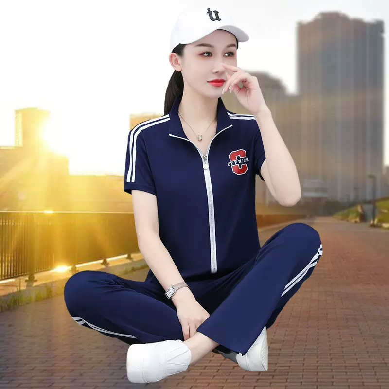 休闲运动套装夏季女士2023年新款中年妈妈时尚拉链广场舞服饰两件