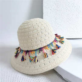2025年新款彩虹流苏棉线透气草帽子女沙滩大檐可折叠防晒遮阳帽