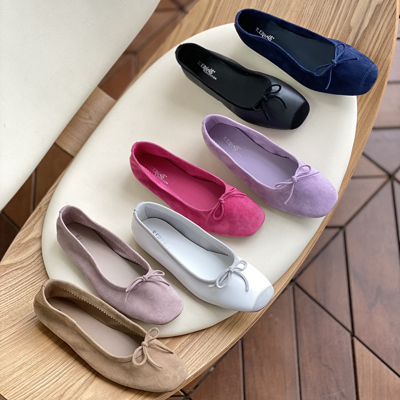 Pure original big explosions! South Korea Yi Mengling Leather Ballet Dancing Shoes Square Toe Shallow Bow Flat Shoes