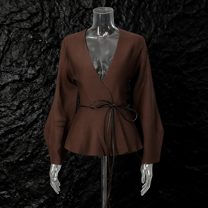 Elegant and Mature Style Solid Color Top for Women, 2026 Spring New Design with Deep V-Neck, Puff Sleeves, and Tie-Waist Jacket