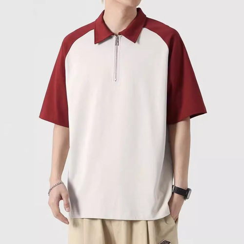 Summer 2025 Trend Collared Loose Short Sleeve Men's Fashion Colorblock Half Zip Polo Shirt Casual T-Shirt