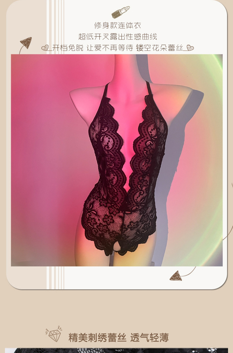 Open-Fit Lace Jumpsuit Lingerie, See-Through Purple One-Piece, Women’s Roleplay Intimate Apparel — detail image 36