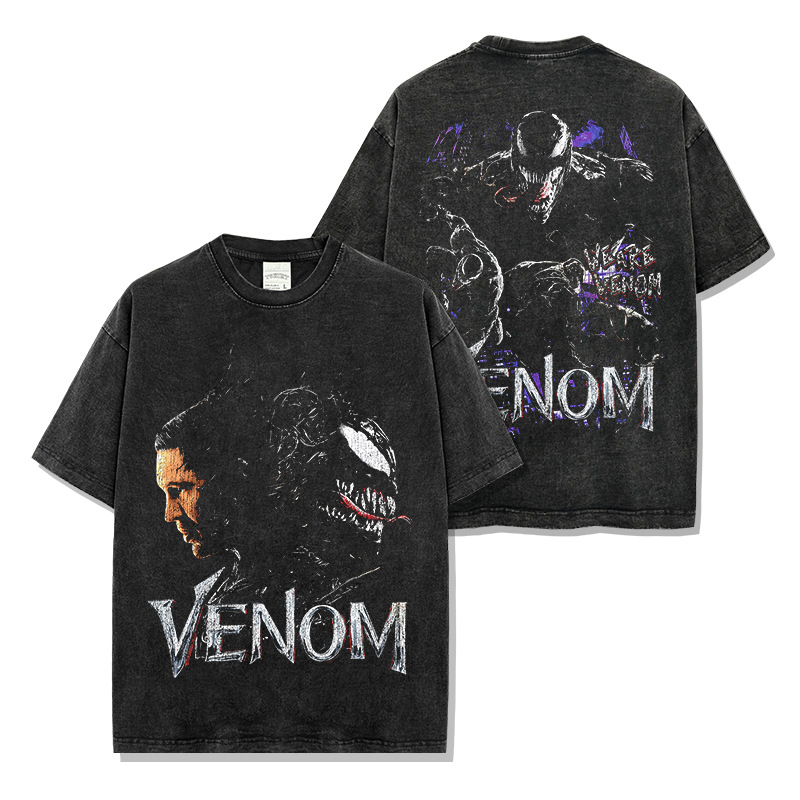 Cross-border American retro VENOM Venom Print Short Sleeve T-shirt Washed Long Sleeve Loose Hooded Sweatshirt Wholesale Men's Trendy