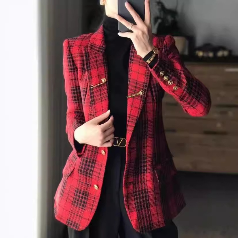 (2개) 심천 난유 가을 세트 클래식 빈티지 자카드 실크 인테리어 전체 레드 울 블레이저