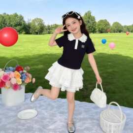 儿童淑女短袖花边裙套装夏季中大童洋气学院风蓬蓬半身短裙两件套