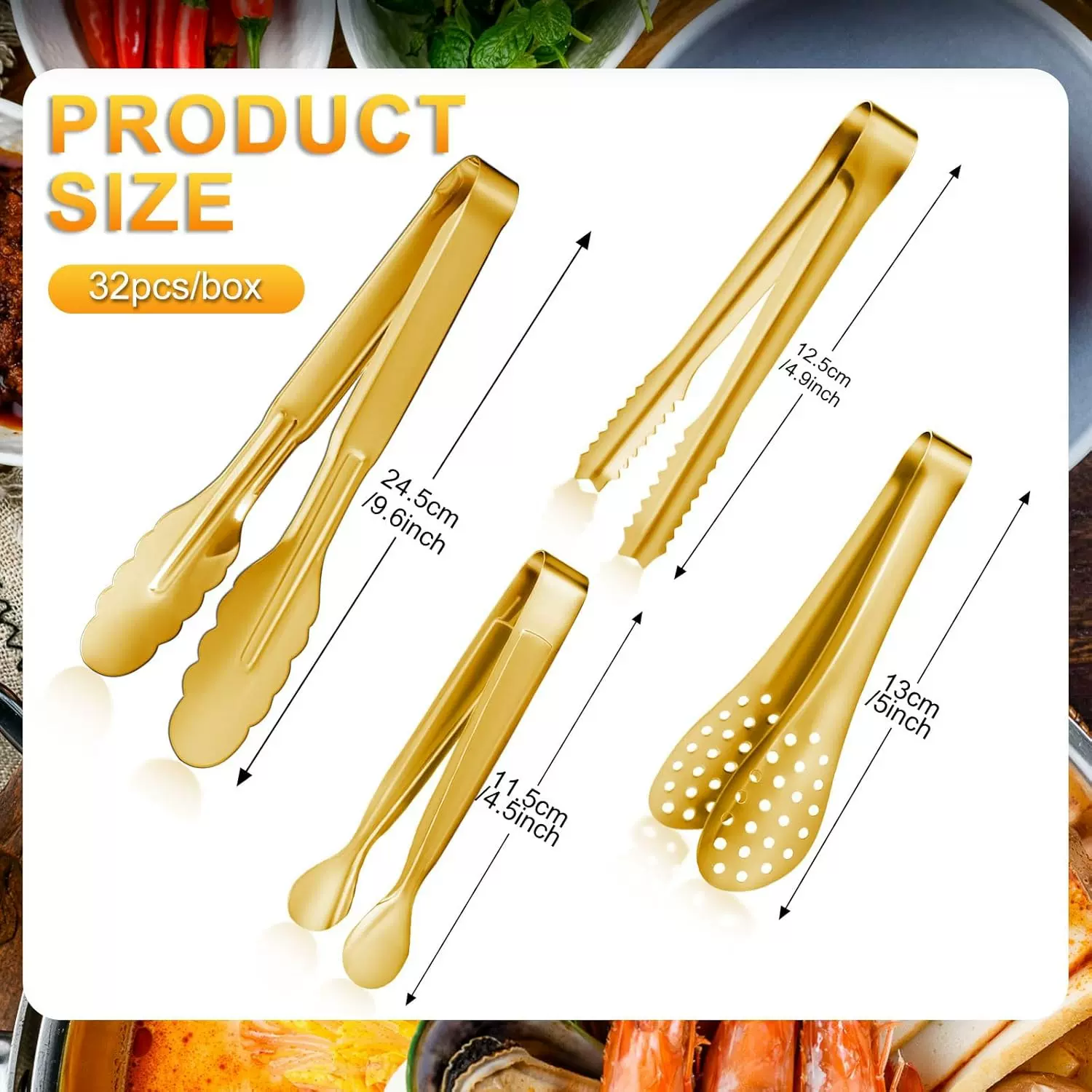 跨境32支套装电镀金不锈钢食品夹面包夹烧烤烤肉夹食物夹子Tongs