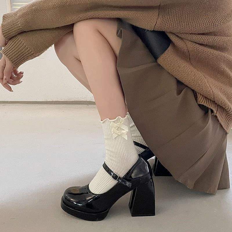 American Retro Black Thick Heel High Heels 2025 New Style Buckle Strap Mary Jane Shoes Shallow Mouth Flats Women's Round Toe