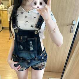 2025年夏季新款美式复古y2k辣妹水洗牛仔背带短裤女破洞连体裤子
