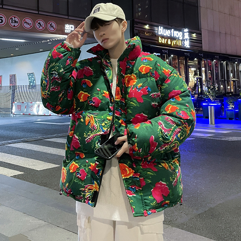 Moda Nacional Noreste chaqueta floral grande marca de moda de invierno de los hombres suelta chaqueta acolchada de algodón de talla grande pareja casual peonía chaqueta acolchada de algodón