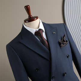 蓝色双排扣西服套装男款正装英伦时尚婚礼伴郎服商务休闲西装男装