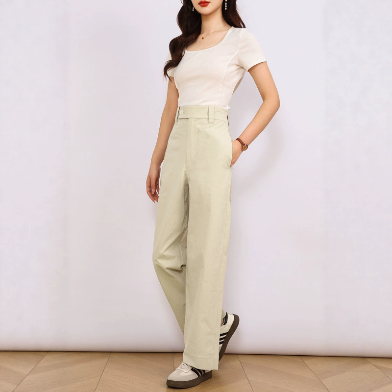 Summer New Style Salt-Shrunk Cotton Straight-Leg Pants for Women, High-Waisted, Loose, Slightly Wrinkled Texture, Relaxed Feel, Drapey, Comfortable, Suitable for Commuting, Slimming Effect