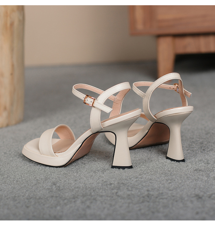 Sandal cao gót nữ quai ngang hở mũi da bò thật khóa thời trang — Màu đen chi tiết 18