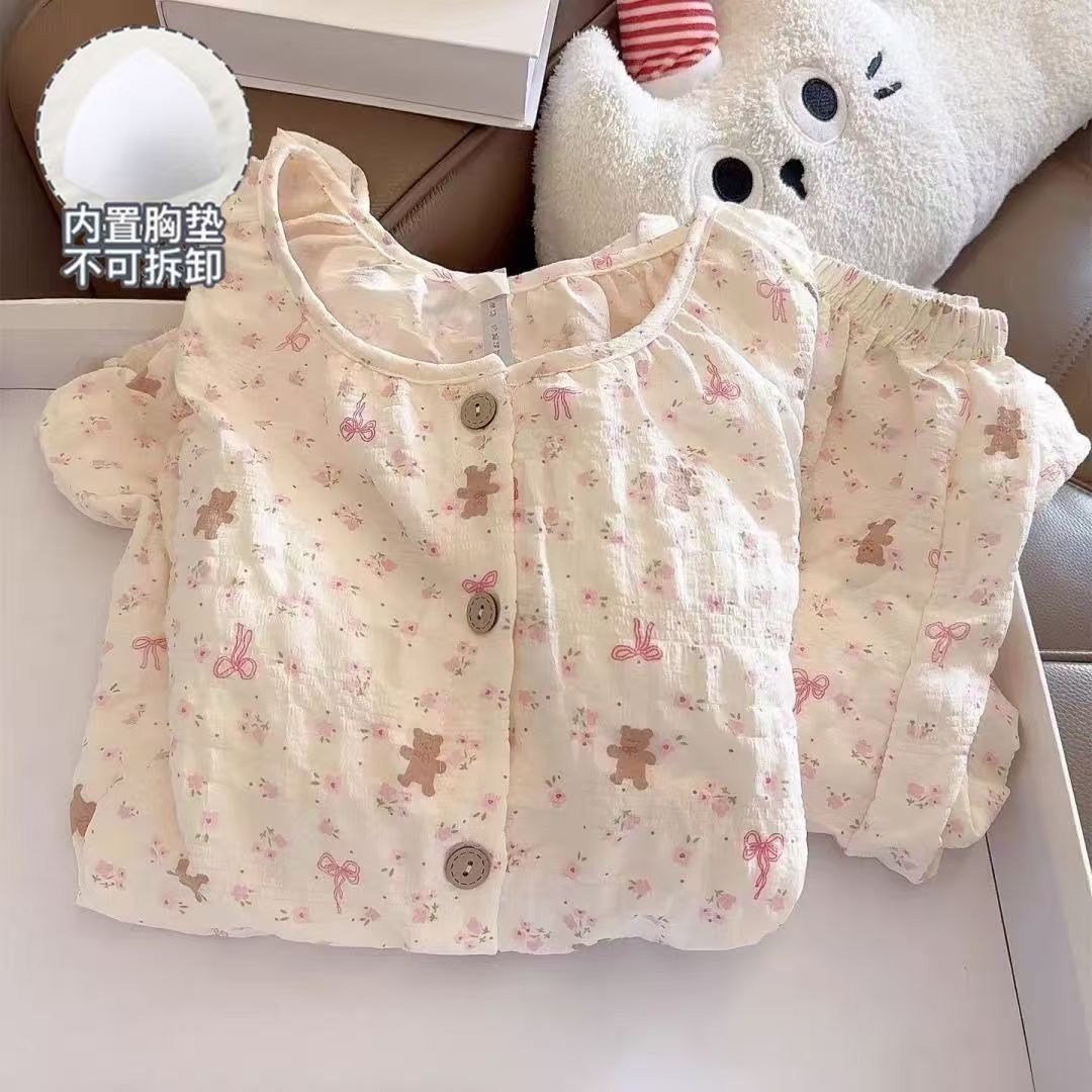 春季云朵棉带胸垫睡衣女圆领开衫卡通长袖长裤甜美少女家居服套装
