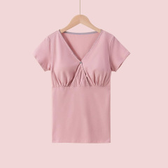 夏の薄いタイプの哺乳綿のクロス半袖の大きいサイズの月子服の産後の授乳服の妊娠期のtシャツの中で部屋の服を掛けます。