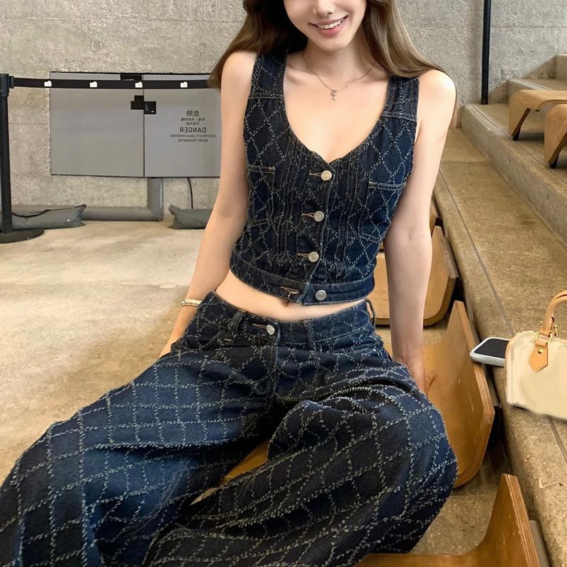 Cool and Spicy Street Style'Vintage Diamond Pattern' Original Color Diamond Pattern Crochet Denim Vest/Denim Straight-Leg Pants for Women Cool and Spicy Street Style'Vintage Diamond Pattern' Original Color Diamond Pattern Crochet Denim Vest/Denim Straight-Leg Pants for Women