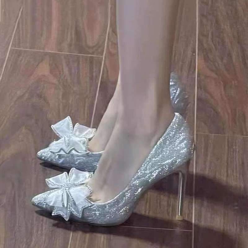 法式水晶鞋2025春秋新款银色婚鞋水钻蝴蝶结尖头高跟鞋女细跟单鞋|undefined