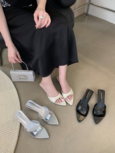 New Arrival 2024 Summer French Pointed High Heels Women's Stiletto Heel Open Toe Shallow Mouth Slide Slippers Women's Outer Wear Sandals