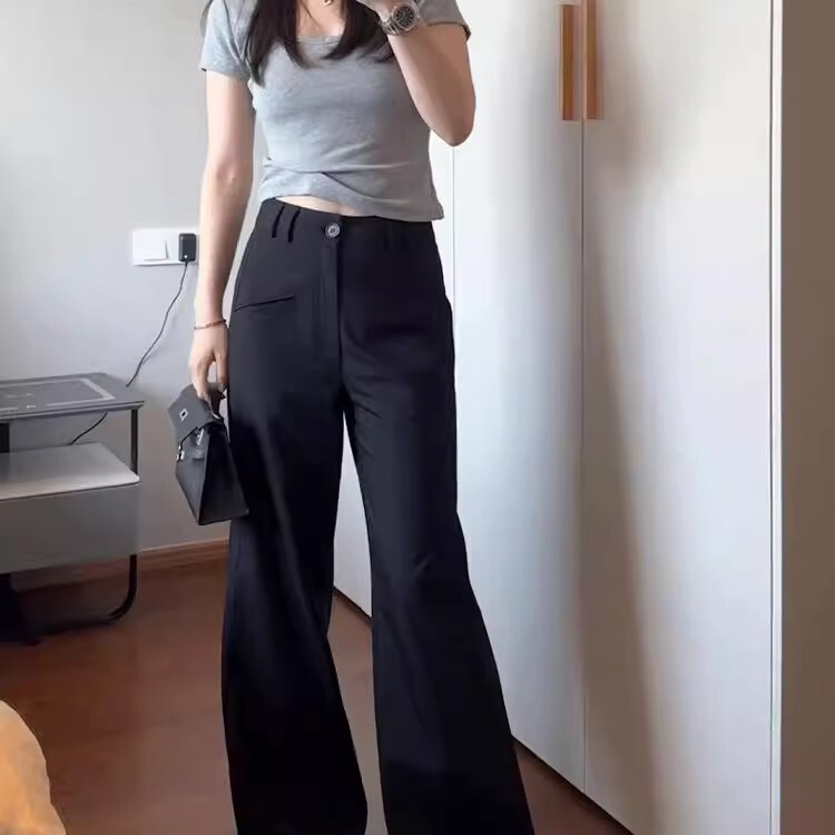 黒のブーツカットカジュアルパンツ、大きいサイズの太った女の子向け、mmクロスカバー、スリム、ハイウエスト、洋装、梨型体型、ワイドレッグパンツ|undefined
