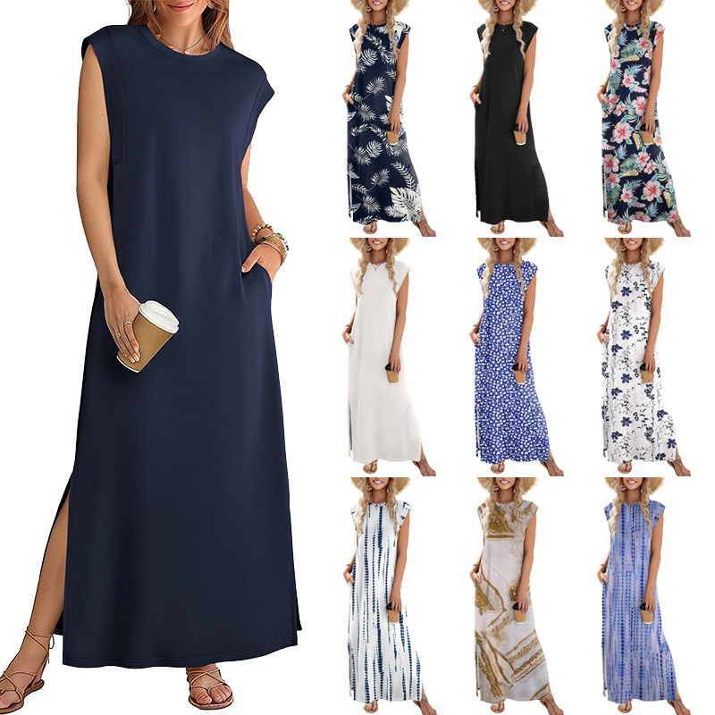 2025 Amazon Cross-Border Women's Sleeveless Round Neck Dress with Side Slits and Pattern Long Skirt, Versatile and Fashionable