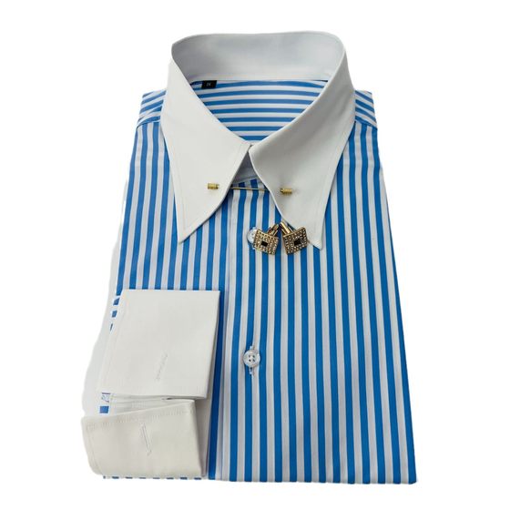New All-match Pinhole Collar Contrast Color Shirt Imperial Collar Men's Long Sleeve Shirt Striped Top Khmer French Sleeves