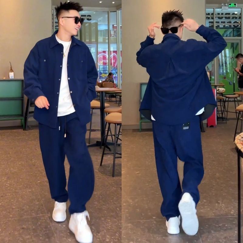 New cross-border plus-size comfortable casual men's suit set with a collared shirt, loose fit, versatile straight leg casual pants.