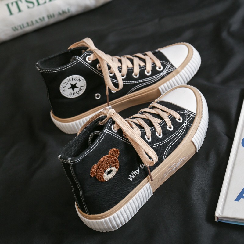 Zapatillas de lona de caña alta estilo coreano con diseño de oso para estudiantes, calzado vulcanizado casual, zapatillas individuales, zapatillas blancas para mujer G61