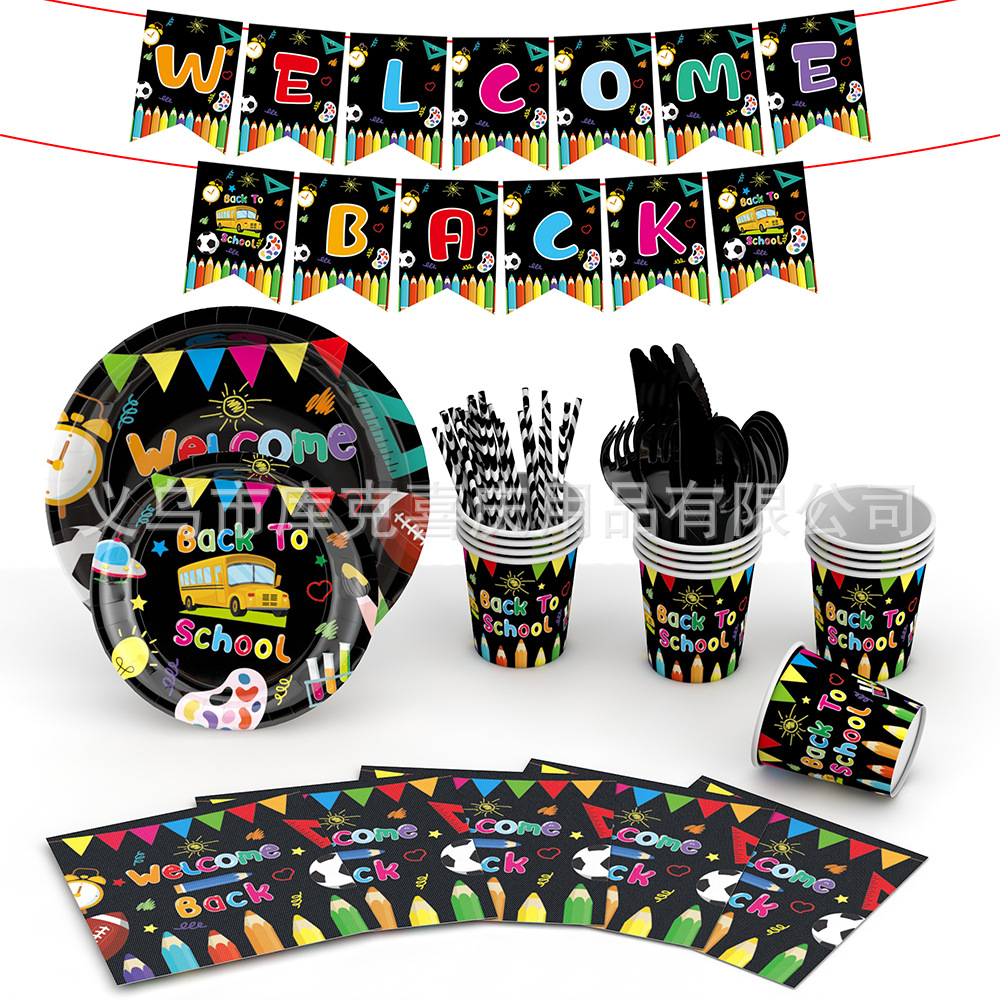 Nuevo tema de regreso a la escuela para niños bandeja de papel desechable toallas de papel set de cubiertos