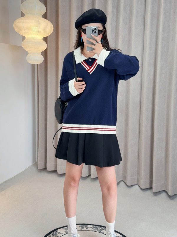 爱元2025秋季新款大码胖mm女装学院风衬衫领假两件毛衣F602|undefined