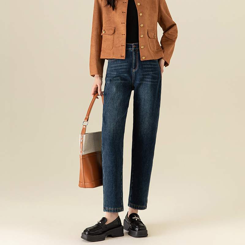 哈伦牛仔裤女加绒冬季2025新款高腰宽松萝卜老爹裤子