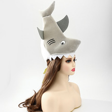 跨境仿真鲨鱼头套现货拍照道具表演道具卡通帽子印花万圣节派对帽