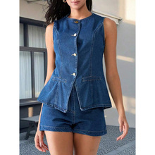 wish亚马逊速卖通跨境外贸潮流牛仔无袖上衣短裤套装厂家直销批发