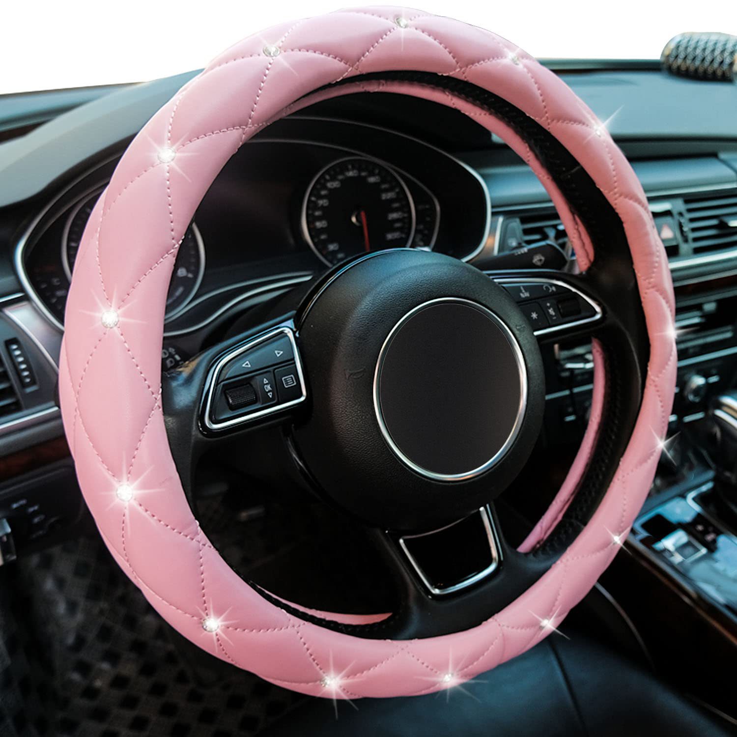 Factory Direct Sales Amazon Car Diamond-Studded Steering Wheel Cover, Universal for All Seasons, Soft Leather Anti-Slip Rhinestone Handle Cover
