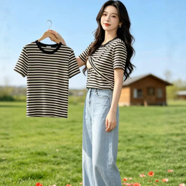 Short-Sleeved Nursing Clothes for Going Out, Loose-Fitting Summer Wear for Hot Moms, Postpartum Thin Maternity Wear, Versatile Nursing T-Shirt, New Striped Design Short-Sleeved Nursing Clothes for Going Out, Loose-Fitting Summer Wear for Hot Moms, Postpartum Thin Maternity Wear, Versatile Nursing T-Shirt, New Striped Design