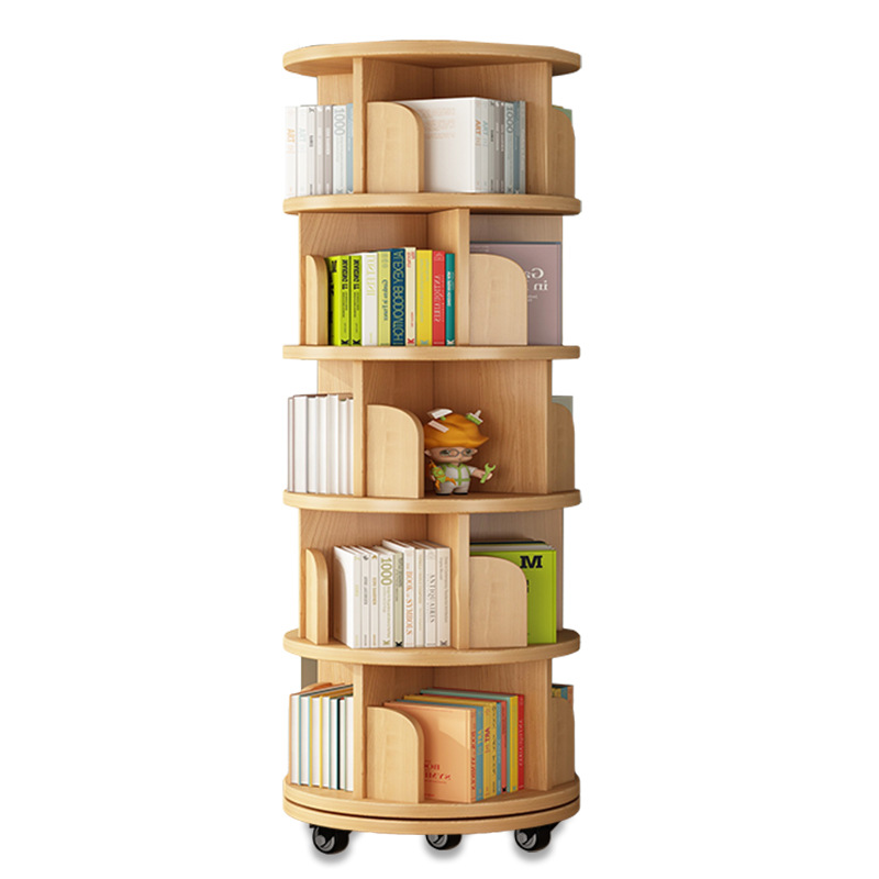 Children's rotating bookshelf 360 degrees home layered solid wood color bookcase living room floor movable storage rack