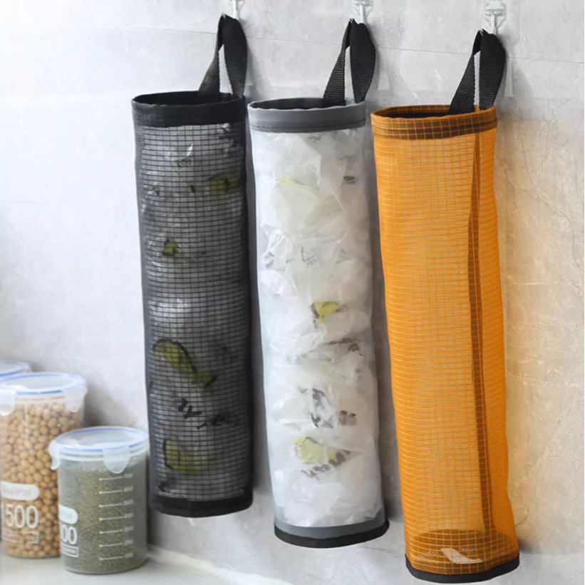 Kitchen trash bag hanger, wall-mounted pull-out organizer storage bag, convenient round plastic bag collector
