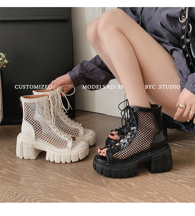 Boot lưới hở mũi nữ đế dày da thật dây thắt Martin 2025 — Màu đen, Màu trắng chi tiết 22