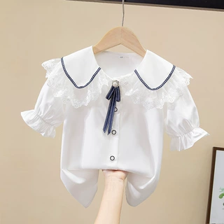 外贸童装女童短袖衬衫2026夏装新款中大儿童夏季雪纺白色衬衣上衣
