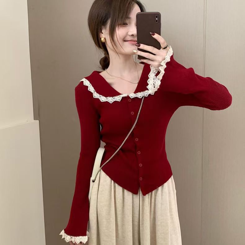 French Style Lace Peter Pan Collar Black Cardigan For Women