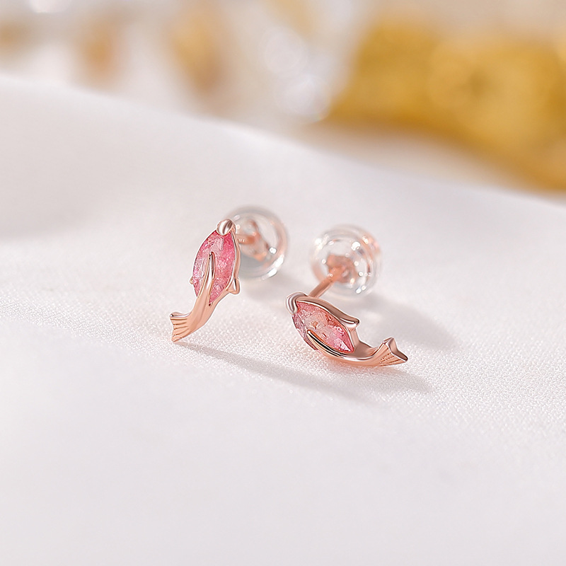 Bông tai bạc S925 mạ vàng hồng đính tourmaline phong cách Trung Hoa — Một cặp (màu tourmaline ngẫu nhiên)