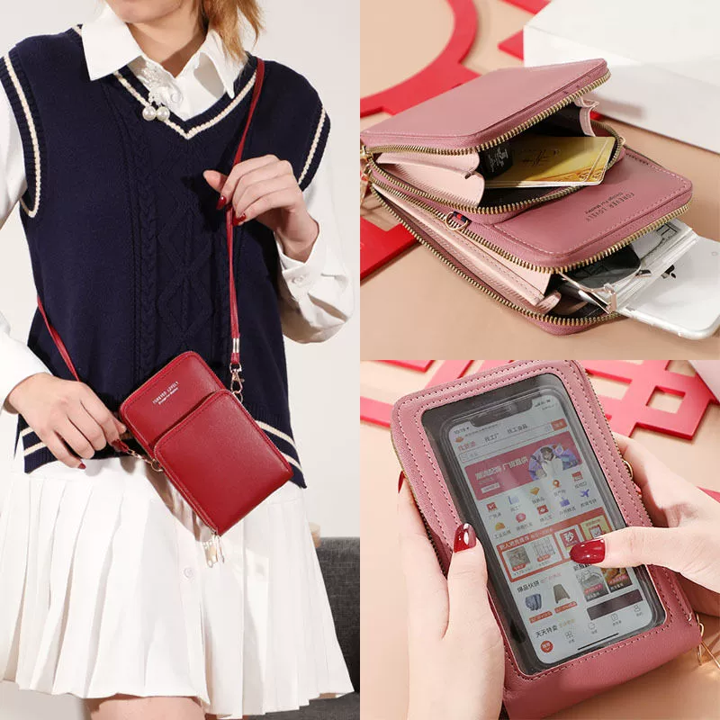 Shoulder bag, capacious small universal wallet, card holder, Korean style, touch screen