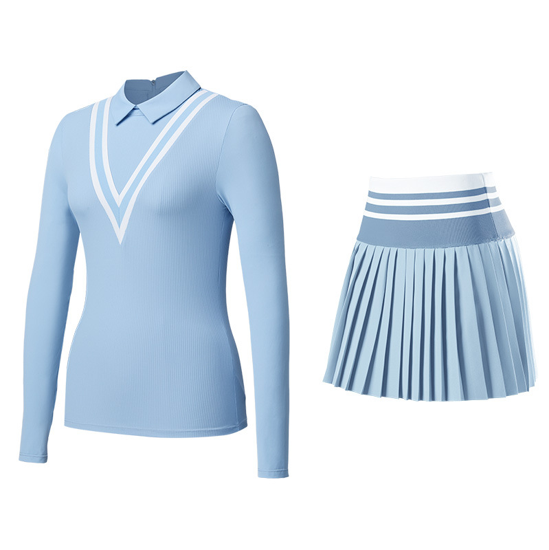 Trajes deportivos de tenis con solapa, mangas largas, falda corta, ejercicio, yoga, golf, tenis de dos piezas.