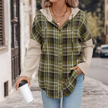 TEMU外贸2025新款秋季跨境休闲复古风宽松连帽格子拼接衬衫外套女