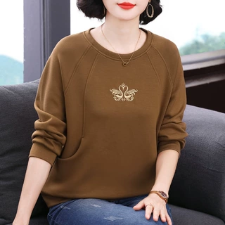 2026新款咖啡色套头卫衣圆领刺绣长袖衫时尚百搭宽松大码妈妈装