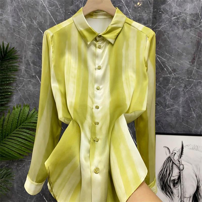 National cabinet N goods! Color knock white! Heavy Yellow Vertical Stripe Printed Silk Blouse Mulberry Silk Top National cabinet N goods! Color knock white! Heavy Yellow Vertical Stripe Printed Silk Blouse Mulberry Silk Top
