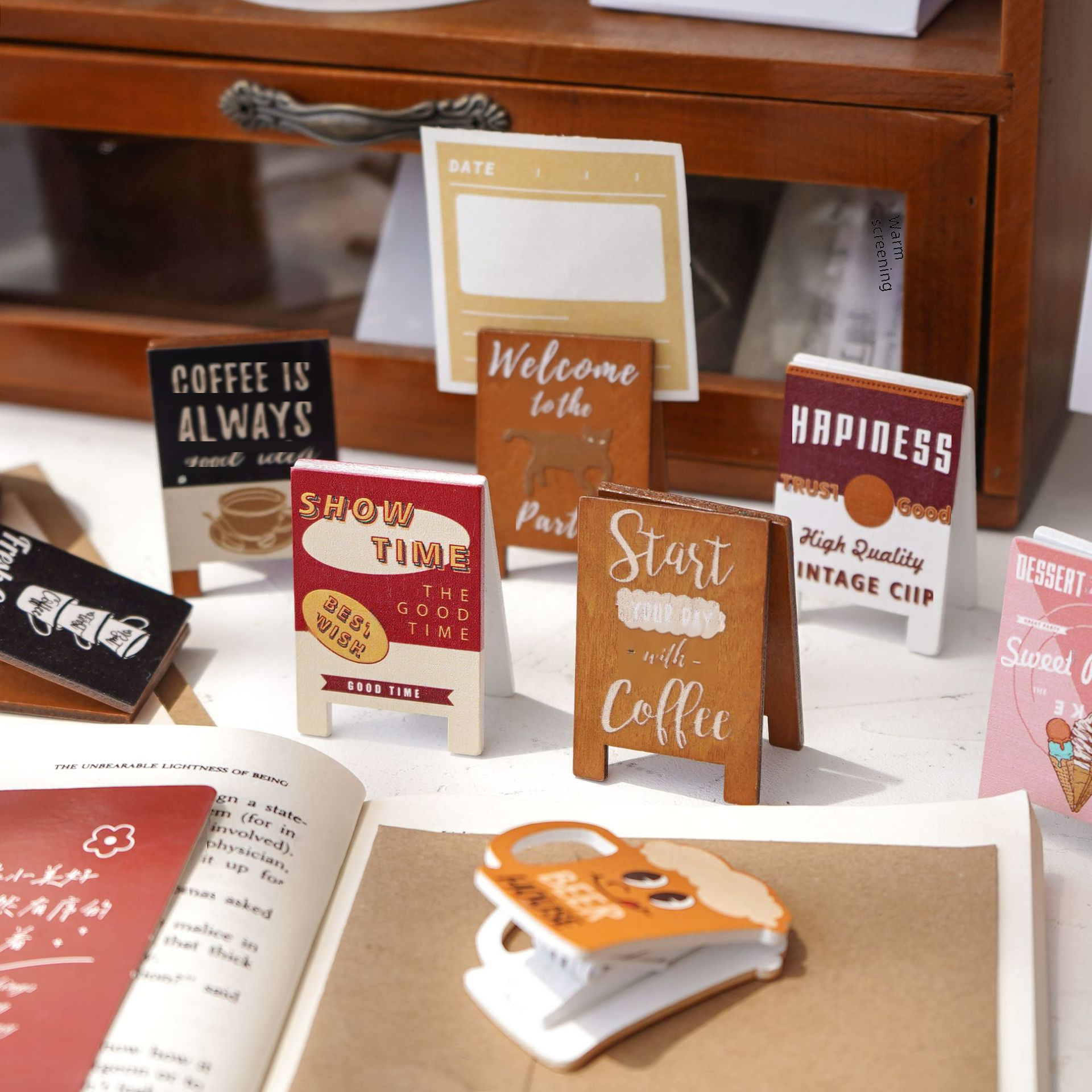 YUEZHEN 레트로 시리즈 메시지 홀더 귀여운 나무 사진 홀더 데스크탑 장식 노트 홀더 사무용품 명함 홀더