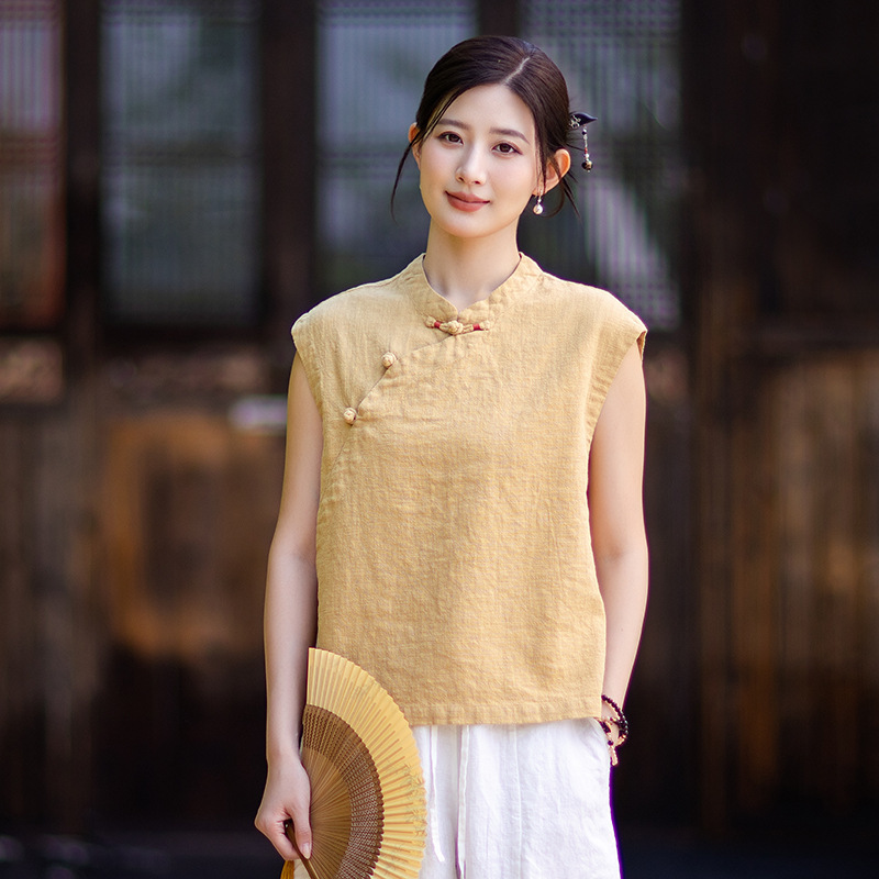New 2026 Summer Cotton and Linen Artistic National Style Sleeveless Blouse with Retro Button Closure Pullover T-Shirt New Chinese Style Women's Top New 2026 Summer Cotton and Linen Artistic National Style Sleeveless Blouse with Retro Button Closure Pullover T-Shirt New Chinese Style Women's Top
