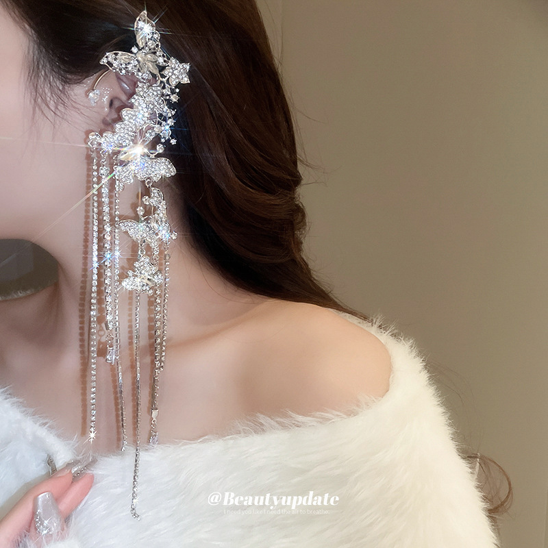 Pendientes de borla de circón mariposa con incrustaciones de diamantes, temperamento de moda, sin orejas perforadas, pendientes exageradas de nicho, lujo ligero, sentido de alta gama