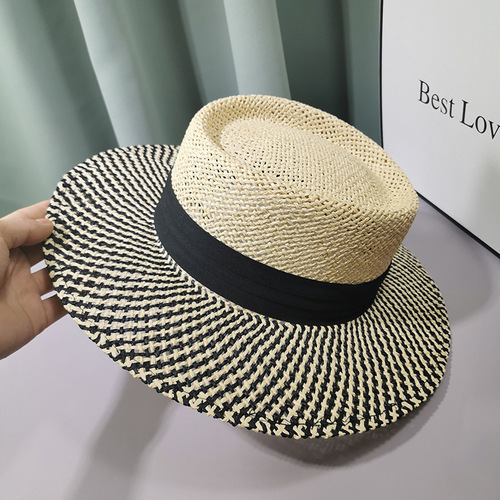 Summer large-brimmed breathable color-blocked straw hat for women Korean style Japanese versatile fashionable vacation hat sun protection sun hat trendy